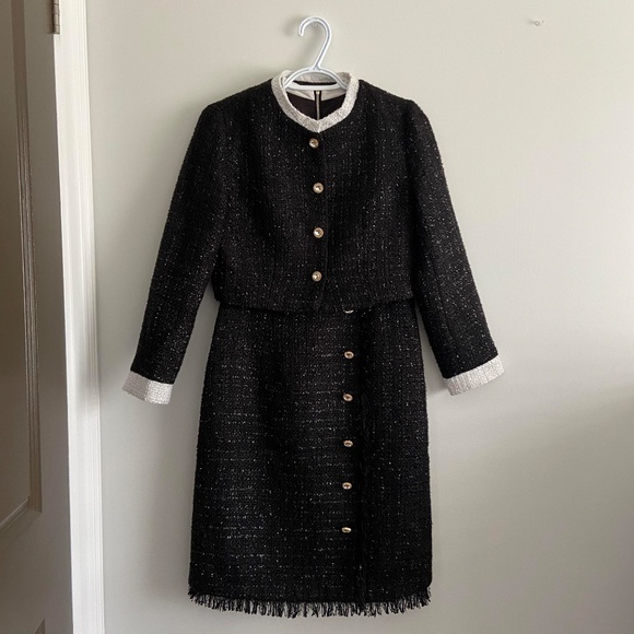 TWO PIECE MATCHING SET TWEED QUIET LUXURY FEMININE CLASSY BLACK & WHITE FRINGE - Picture 4 of 13